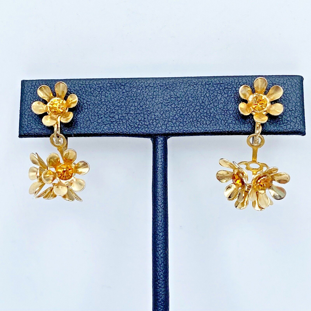Vintage Coro Gold Tone Orange Rhinestone Dangle Daisy Flower Earrings Sweet 1"